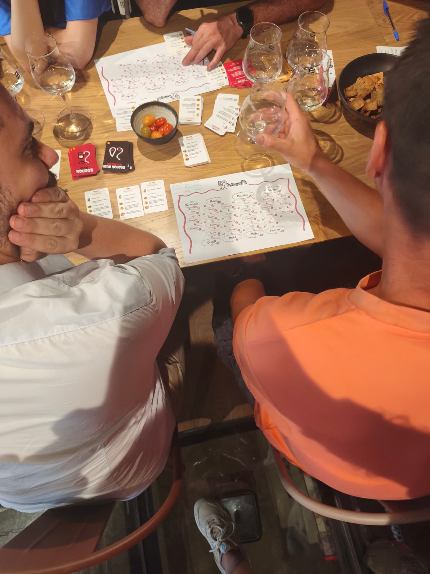 L'arbre de dégustation Chaussette et les cartes cépages posés sur la table