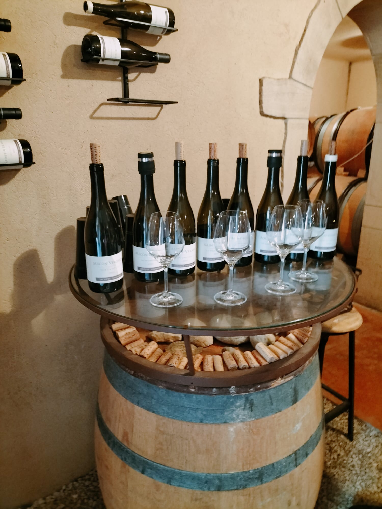 Dégustation dans une cave voûtée, bouteilles alignées et verres prêts